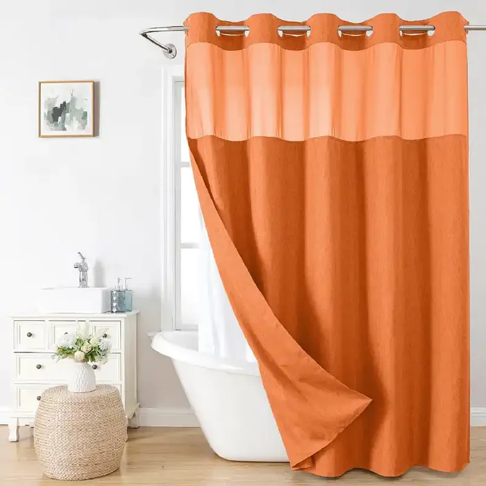 Eachope Extra Long No Hooks Needed Linen Textured Shower Curtain With Snap-In Fabric Liner Set,White Hotel Luxury Decor Shower Curtains For Bathroom,Waterproof & Washable,71Wx86H,Burnt Orange