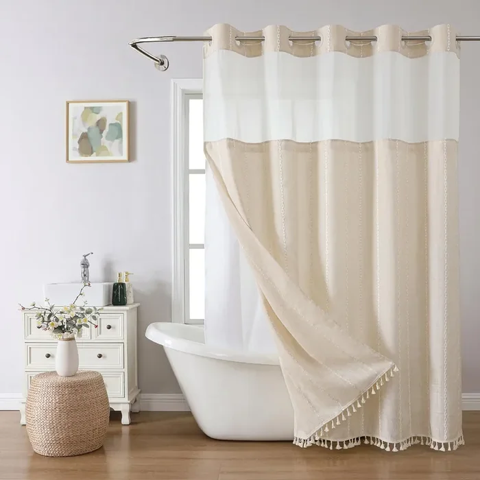 Eachope No Hook Extra Long Shower Curtain With Snap-In Liner,Boho Chic Striped Tassel Linen Fabric Shower Curtain Set,Tall Modern Farmhouse Cute Cloth Shower Curtains For Bathroom,Grey/Gray,71X86