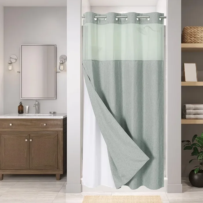 Eachope Stall No Hooks Needed Linen Textured Shower Curtain With Snap-In Fabric Liner Set,Hotel Luxury Decor Farmhouse Shower Curtains For Bathroom,Waterproof & Washable,54Wx80H,Sage Green