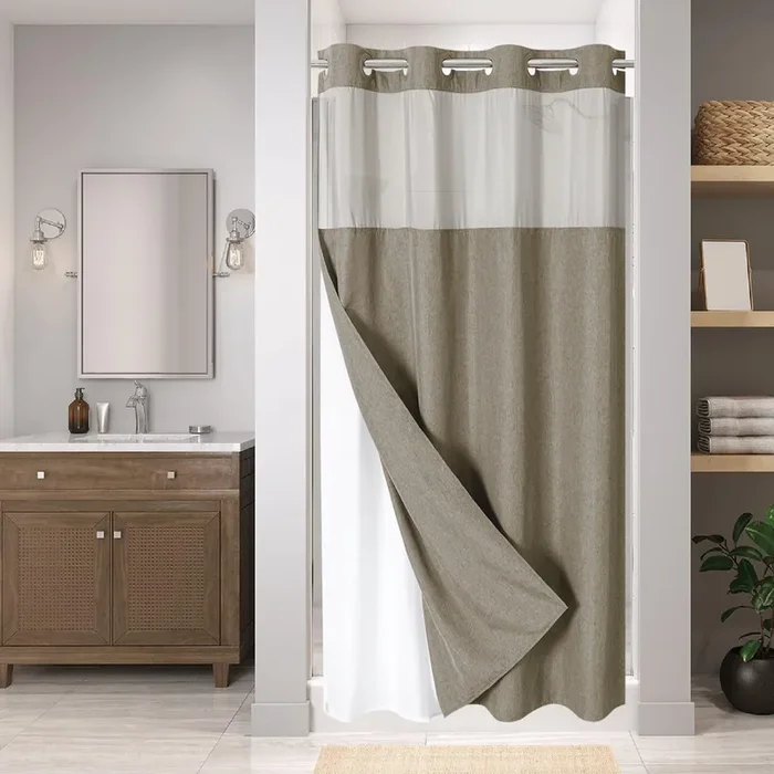 Eachope Stall No Hooks Needed Linen Textured Shower Curtain With Snap-In Fabric Liner Set,Hotel Luxury Decor Farmhouse Shower Curtains For Bathroom,Waterproof & Washable,54Wx80H,Khaki/Tan