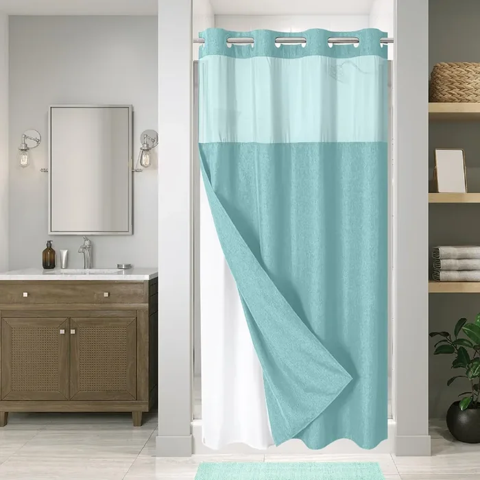 Eachope Stall No Hooks Needed Linen Textured Shower Curtain With Snap-In Fabric Liner Set,Hotel Luxury Decor Farmhouse Shower Curtains For Bathroom,Waterproof & Washable,54Wx80H,Teal