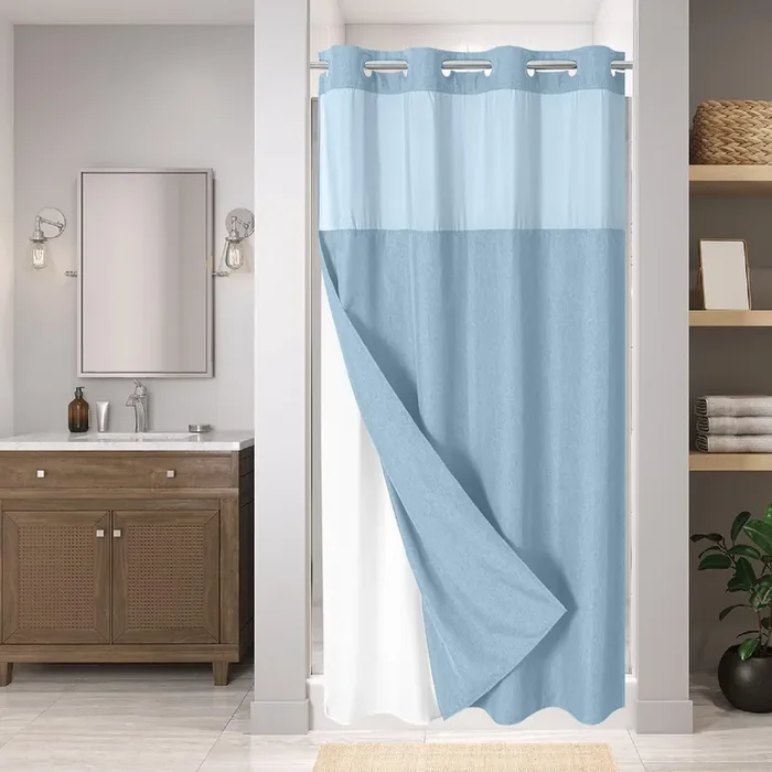 Eachope Stall No Hooks Needed Linen Textured Shower Curtain With Snap-In Fabric Liner Set,Hotel Luxury Decor Farmhouse Shower Curtains For Bathroom,Waterproof & Washable,54Wx80H,Fog Blue