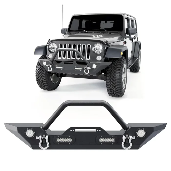 ?Ecotric Front Bumper Compatible With 2007-2025 Wrangler Unlimited Jl/Jlu & Gladiator Jt, 2007-2018 Jk Front Bumper Rock Crawler Winch Plate W/Winch Plate & 2 18W Led Lights D-Rings