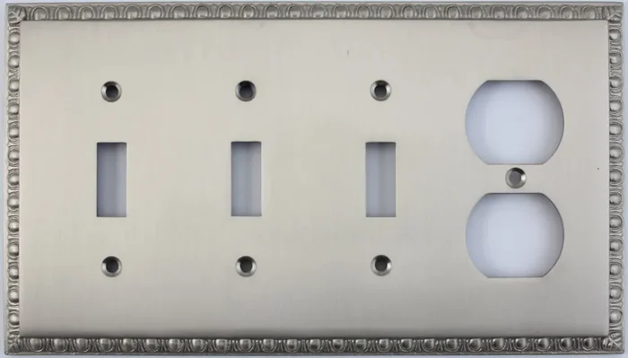 Egg & Dart Satin Nickel 4 Gang Combo Wall Plate – 3 Toggle Light Switches 1 Duplex Outlet
