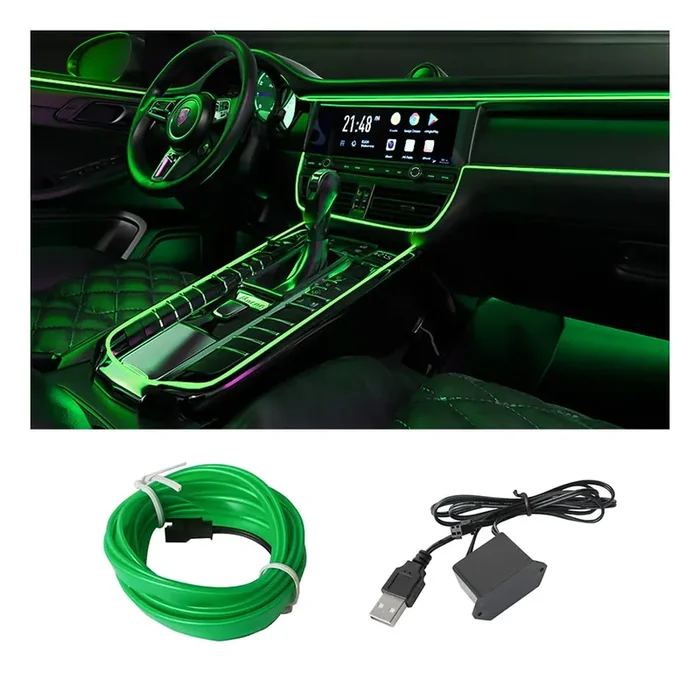 El Wire Interior Car Led Strip Lights, Usb Auto Neon Light Strip With Sewing Edge, 16Ft Electroluminescent Car Ambient Lighting Kits With Fuse Protection, Car Decoration Accessories (Green1/16Ft)