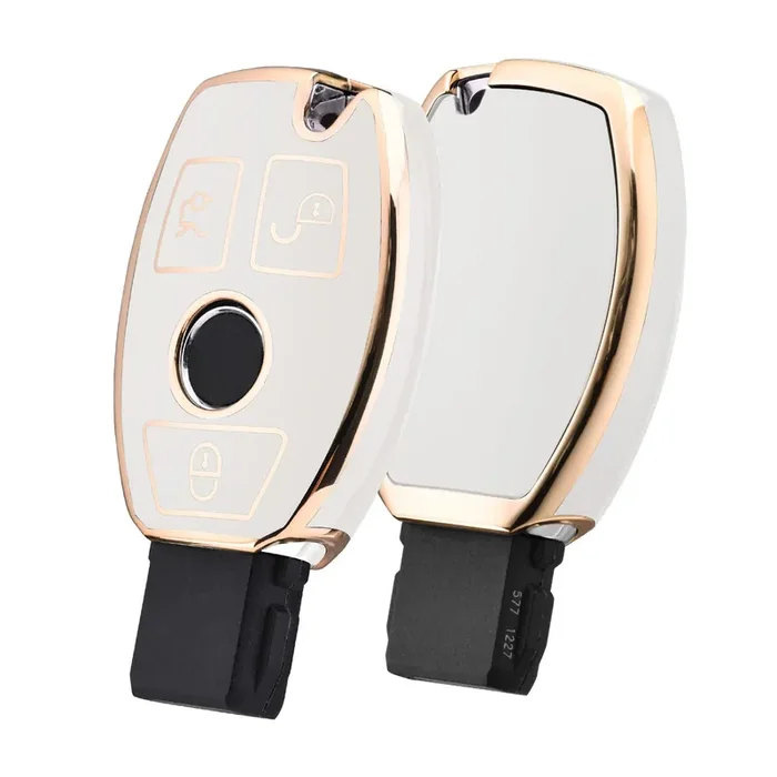 Elohei For Mercedes Benz Key Fob Cover, Premium Soft Tpu Key Case Cover Compatible With Mercedes Benz C E S M Cls Clk G Class Keyless Smart Key Fob (Gold Edge White)