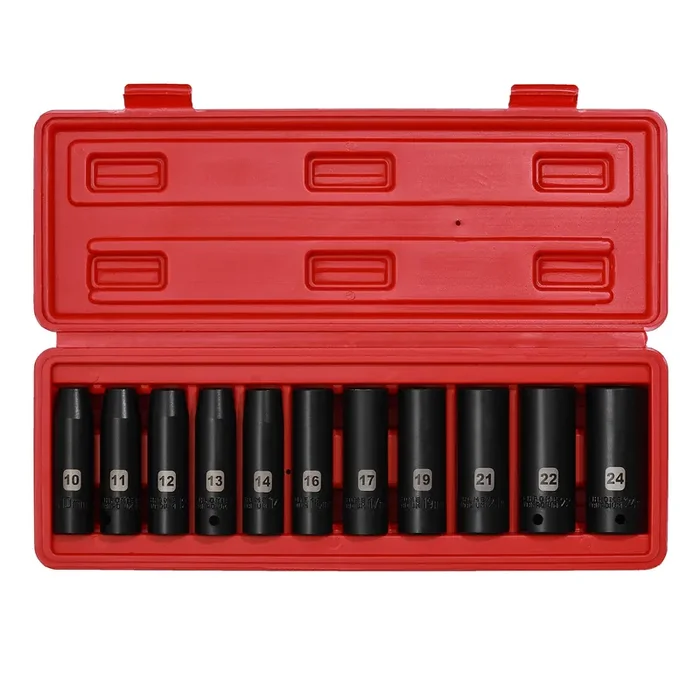 Ementol 11Pcs 1/2 Inch Drive Deep Impact Socket Set, Metric, 6-Point, Cr-V, 11 Pieces 1/2‘ Dr. Deep Socket Set, 10Mm – 24Mm