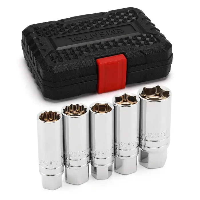 Ementol 5Pcs 3/8‘ Drive Magnetic Spark Plug Socket Set, Cr-V, Includes 14Mm, 16Mm Thin Wall Sockets And 9/16‘, 5/8‘, 13/16‘