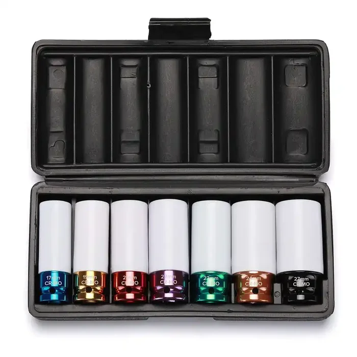 Ementol 7Pcs 1/2‘ Drive Thin Wall Deep Wheel Protector Impact Socket Set, Cr-Mo, Lug Nut Impact Socket Set-17Mm, 19Mm, 21Mm, 22Mm, 23Mm, 24Mm, 27Mm