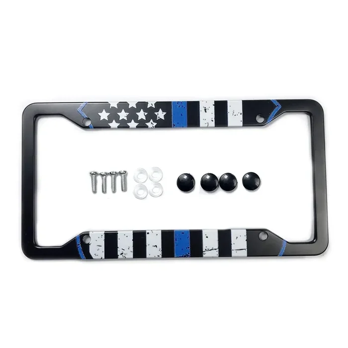 Exmeni Blue Lives Matter Usa Flag License Plate Frame Aluminum Composite Tie Flag Themed License Plate Frame Blue Shield Support Law Enforcement Auto Car Truck Tag Holder For Us Standard