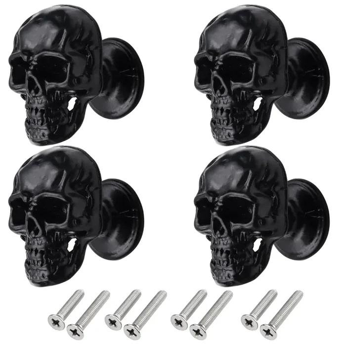 Fanyun 4 Pack Skull Skeleton Cabinets Knobs, Single Hole Pull Handle For Drawer Wardrobes Bookcases Dresser Closets Hardware Furniture Decoration (Black)
