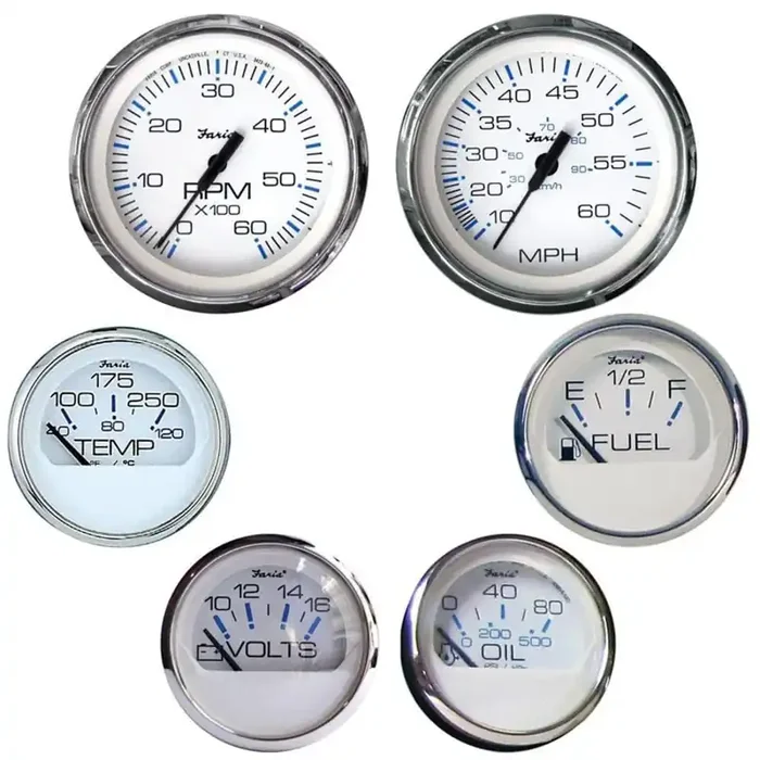 Faria Ktf001 Chesapeake Stainless Steel Inboard 6-Gauge Boxed Set – Speedometer/Tachometer/Fuel Level/Voltmeter/Water Temp/Oil Psi, White