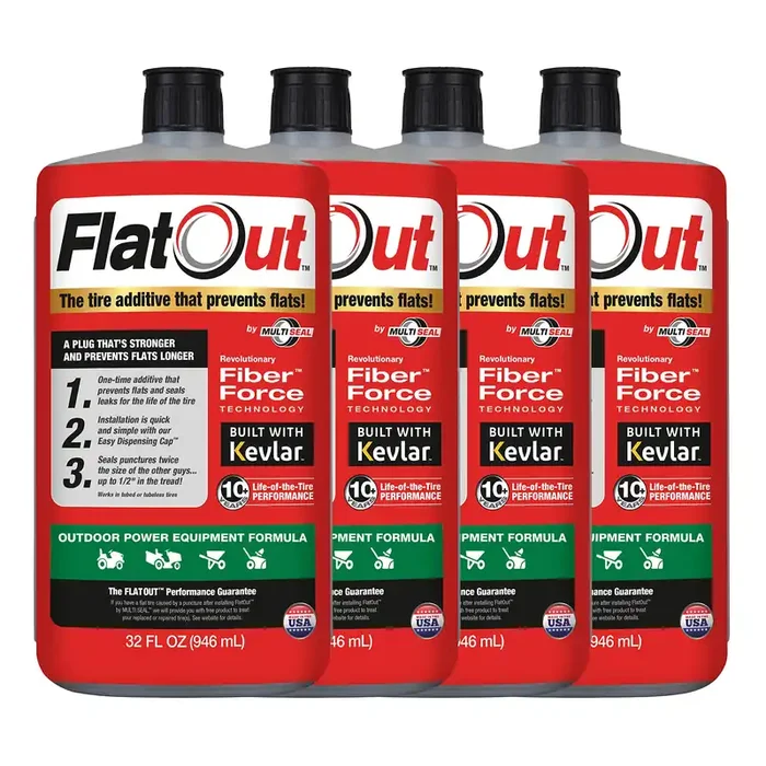 Flatout Tire Sealant Outdoor Power Equipment Formula – Prevent Flat Tires, Seal Leaks, Contains Kevlar, 32-Ounce Bottle, 4-Pack