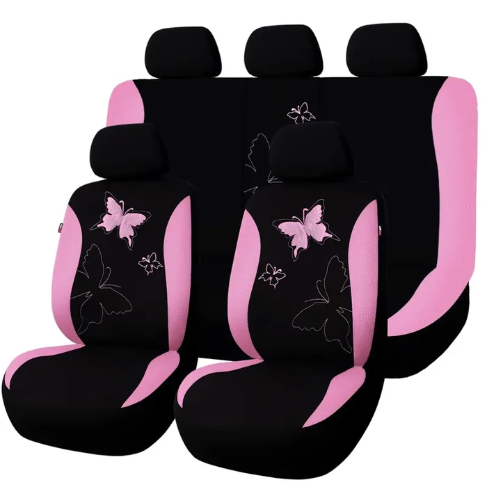Flying Banner Butterfly Car Seat Covers Ful Set Fashion Universal Lady Woman Female Rear Bench Split Colorized (Pink, Full Set — Lace)