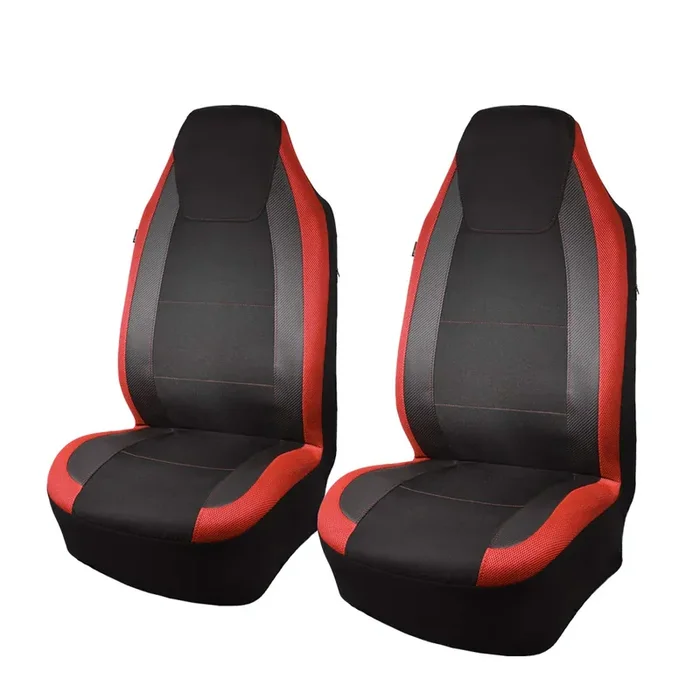 Flying Banner Car Seat Covers Quality Carbon Fiber Faux Leather Mesh Fabric Sport Low High Back Bucket Back Pocket Arm Rest Car Suv Truck Pick Up (2 Fronts – High Bucket, Red)
