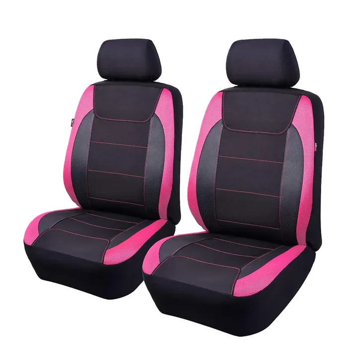 Flying Banner Car Seat Covers Quality Carbon Fiber Faux Leather Mesh Fabric Sport Low High Back Bucket Back Pocket Arm Rest Car Suv Truck Pick Up (2 Fronts – Low Bucket, Pink)