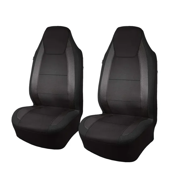 Flying Banner Car Seat Covers Quality Carbon Fiber Faux Leather Mesh Fabric Sport Low High Back Bucket Back Pocket Arm Rest Car Suv Truck Pick Up (2 Fronts – High Bucket, Black)