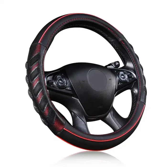 Flying Banner Car Steering Wheel Cover Faux Leather Massage Universal Fit 3D Honeycomb Hole Anti-Slip Sporty 15 Inches (Red Black)