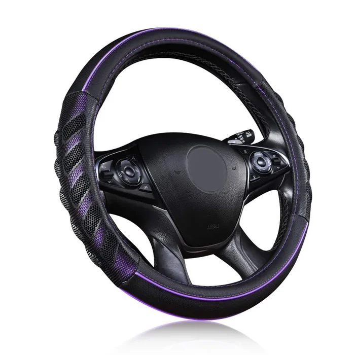Flying Banner Car Steering Wheel Cover Faux Leather Massage Universal Fit 3D Honeycomb Hole Anti-Slip Sporty 15 Inches (Purple Black)