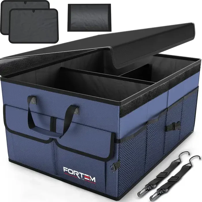 Fortem Car Storage Organizer, Collapsible Multi Compartment , Suv Trunk Organizer, Non Slip Bottom, Adjustable Securing Straps, Foldable Cover (Blue, Standard Size)