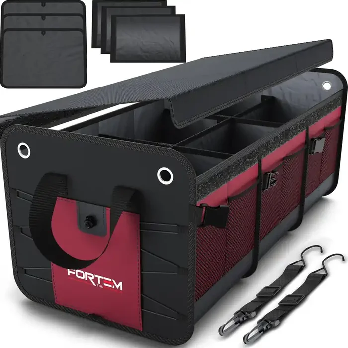 Fortem Car Trunk Organizer, Suv Trunk Organizer, Car Storage Organizer, Collapsible Multi Compartment Car Organizer, Non Slip Bottom, Adjustable Securing Straps, Foldable Cover (3 Compartments, Red)