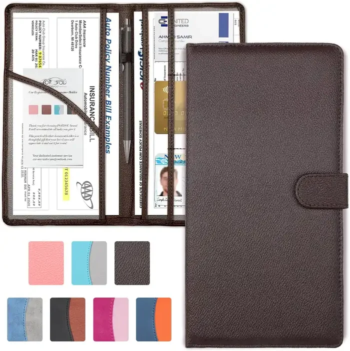 Foryou Car Registration And Insurance Holder With Magnetic Closure, Auto Truck Document Vehicle Glove Box Paperwork Organizer Wallet For Accessories Case, License, Card (Black Brown)
