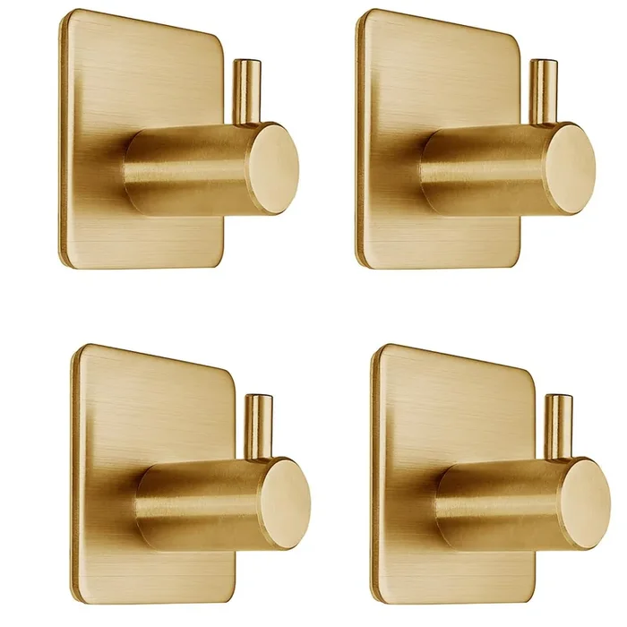 Fotosnow Matte Brushed Gold Adhesive Door Hooks 15Lbs (Max) Sticky Hooks For Hanging Towels, Coat, Cloth, Purse, Hat, Key Self-Adhesive Towel Holder For Shower Kitchen Bathroom