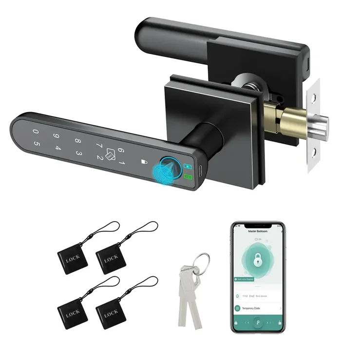 Foxgard Smart Fingerprint Door Lock Fingerprint Door Knob-Biometric 5-In-1 Finger Print Door Lock-Thumb Print Door Knob For Bedroom-App Control-Easy Installation–Square Black–1 Pack
