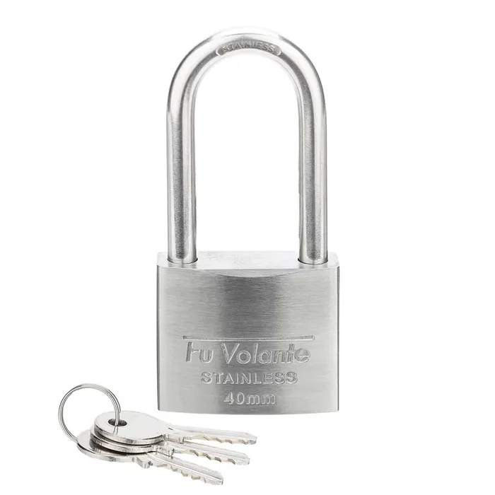 Fu Volante Stainless Steel Padlock, 304 Marine Series, Weatherproof & Rustproof Padlock For Outdoor Use, 1-9/16 Inch Wide, Long Shackle, Stainless Steel Body & Shackle