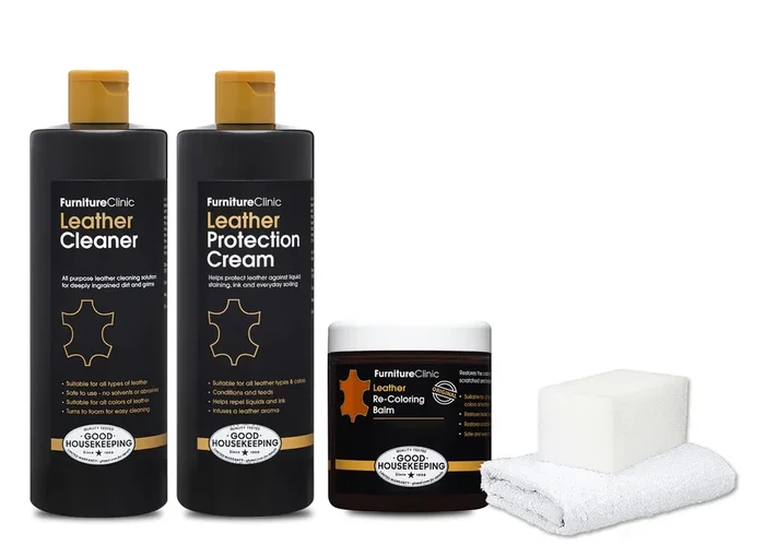 Furniture Clinic Leather Complete Restoration Kit Includes Leather Recoloring Balm, Leather Cleaner, Protection Cream, Sponge & Cloth Restores & Repairs (Tan)