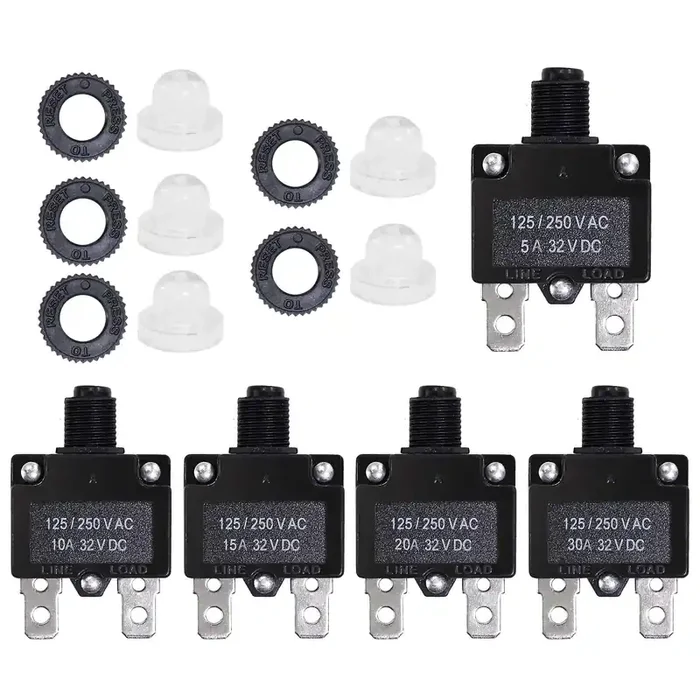 Fuzbaxy 5Pcs 5,10,15,20,30Amp Circuit Breakers With Manual Reset 32Vdc,Ac125-250V With Quick Connect Terminals