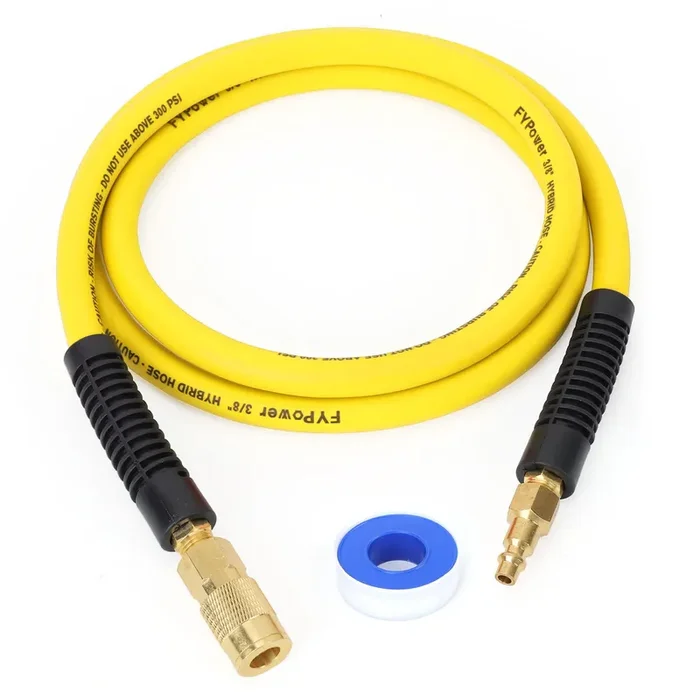 Fypower Air Compressor Whip Hose 3/8 Inch X 6 Feet Lead In Hybrid Hose With Fittings, Flexible And Kink Resistant, 1/4″ Industrial Quick Coupler And Plug Kit – Yellow