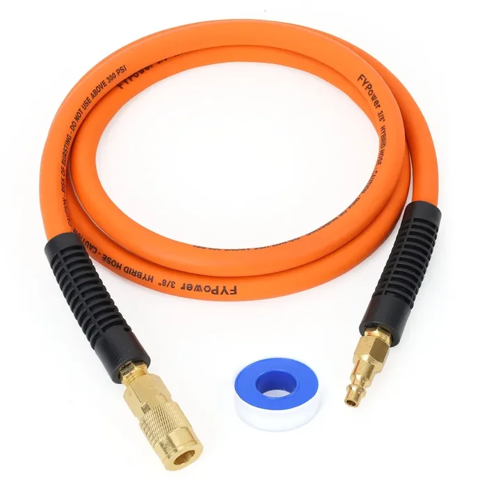 Fypower Air Compressor Whip Hose 3/8 Inch X 6 Feet Lead In Hybrid Hose With Fittings, Flexible And Kink Resistant, 1/4″ Industrial Quick Coupler And Plug Kit
