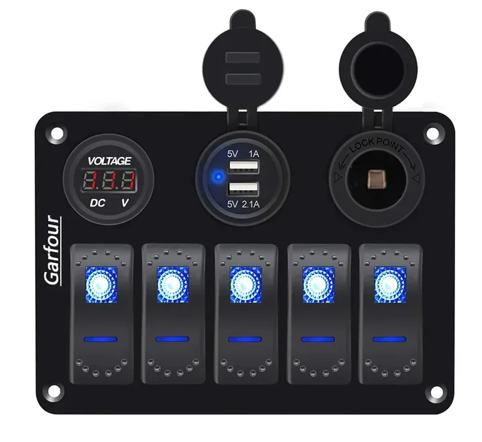Garfour Waterproof Boat Rocker Switch Panel 3.1A Volt Dual Usb Socket Led Light Voltmeter Cigarette Lighter Socket 5 Bang Rocker Switch Panel For Car Rv Suv Boat
