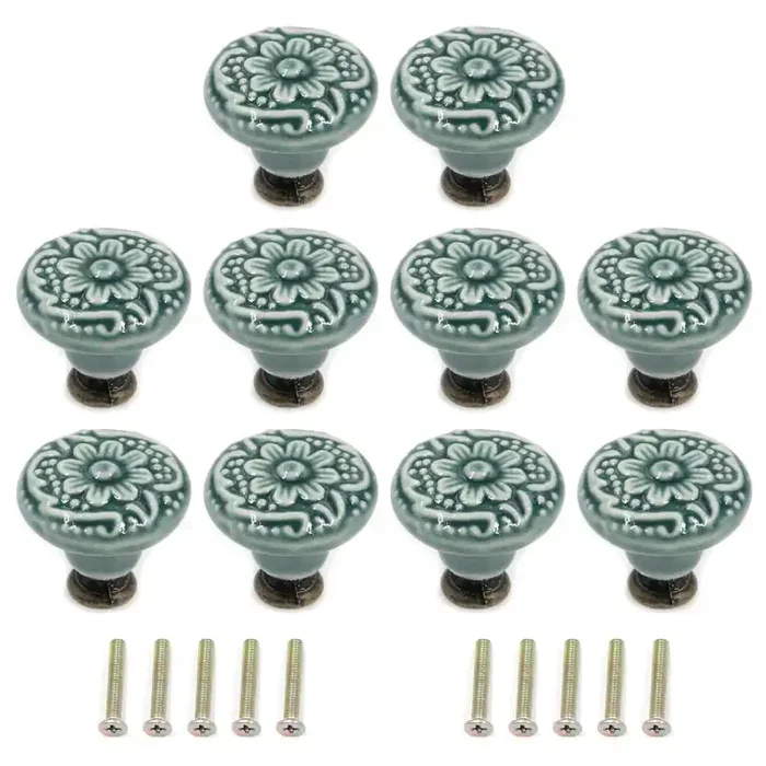 Geesatis 10 Pcs Decorative Knob Ceramic Knobs Drawer Cabinet Pull Handle Knobs Furniture Decorative Pull Tool With Mounting Screws, Green, 1.4 Inch Diameter