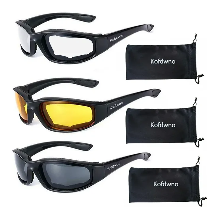 Generic 3 Pairs Motorcycle Riding Glasses – UV Protection, Foam Padded, Dustproof Goggles in Clear, Yellow, Smoke – One Size for Outdoor Sports