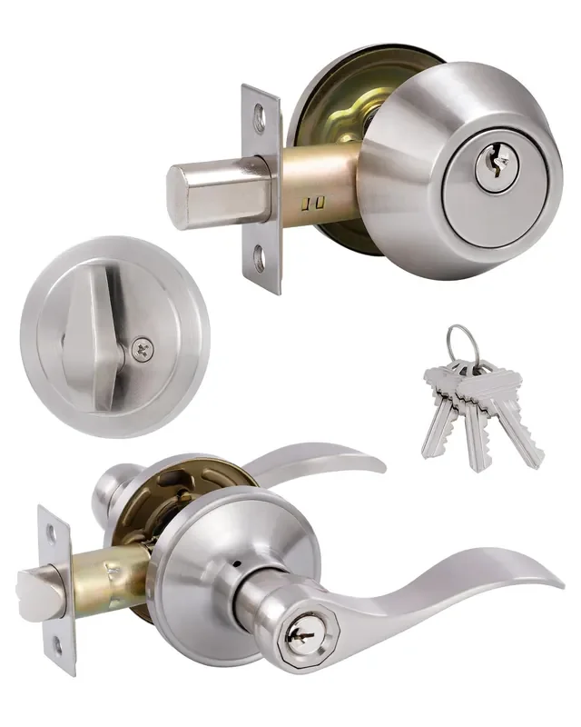 Gitrang (1 Pack Keyed Alike Front Door Lever Lockset With Single Cylinder Deadbolt Combination Set, Wave Style Lever, Front Door/Exterior Door Knob With Lock And Deadbolt, Satin Nickel Finished