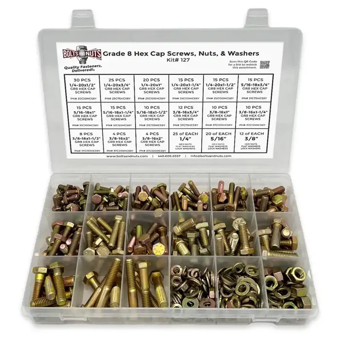 Grade 8 Hex Cap Bolts Screws, Nuts, Washers, Lock Washers Assortment Kit – 380 Pieces!