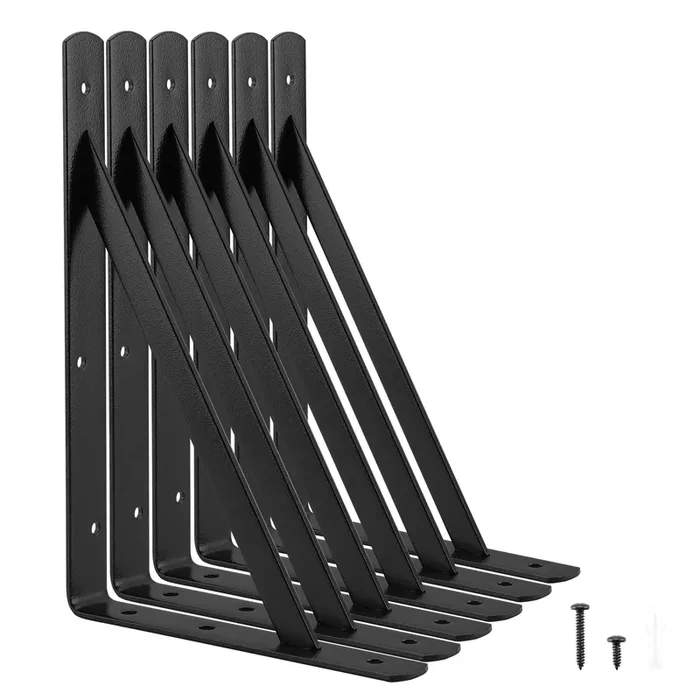 Heavy Duty Shelf Brackets 12 X 8 Inches, 6 Pack Black Metal Shelves Supports, Load Capacity 600 Lb, Wall Mounted Angle L Floating Shelf Bracket, Rough Texture Powder Coating, Home Master Hardware