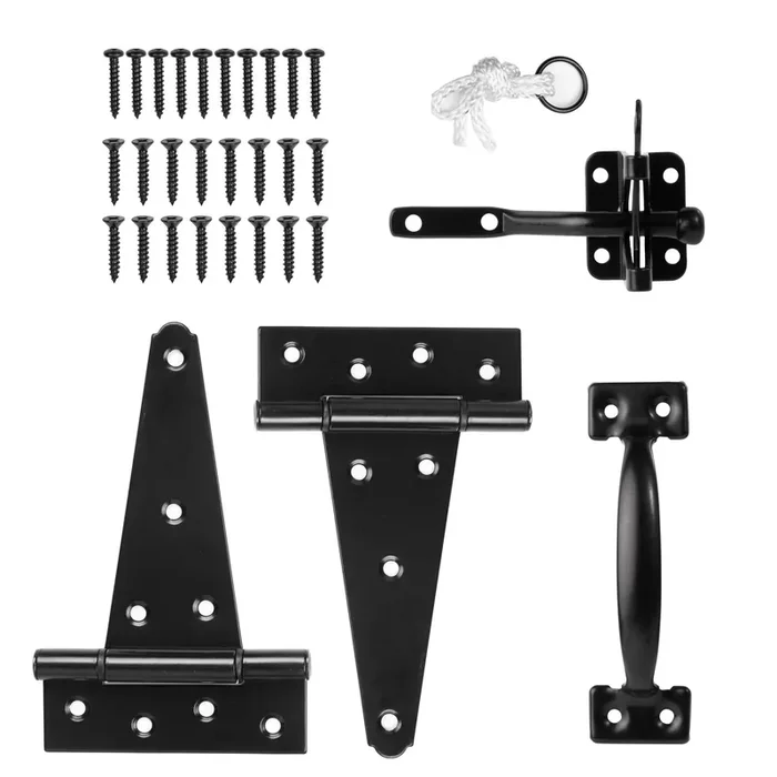 Hillmaster Heavy Duty Gate Latch Door Handle Hardware Kit For Wooden Fence, Self-Closing Gate Latch With Pull String, Decorative Metal Gate Pull Handle, 2 Pack 6In T-Strap Gate Hinges, Black Finish
