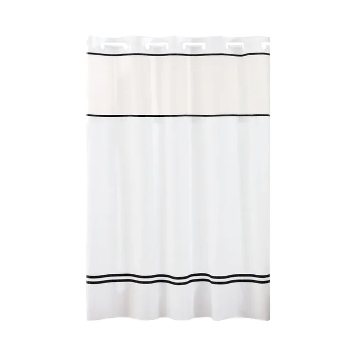 Hookless It‘S A Snap! Monterey Shower Curtain, 3-In-1 Shower Curtain Set Includes Fabric Shower Curtain With Sheer Top Window, Flex-On Rings & Peva Liner, 71‘ X 74‘, White/Black