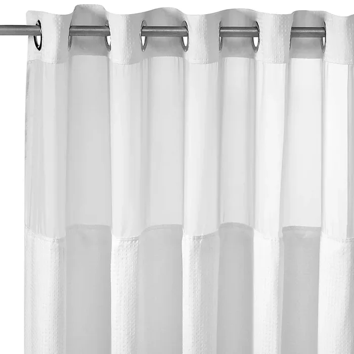 Hookless It’S A Snap! Waffle Shower Curtain, 3-In-1 Shower Curtain Includes Fabric Shower Curtain With Sheer Top Window, Flex-On Rings & Fabric Liner, 54” X 80”, White