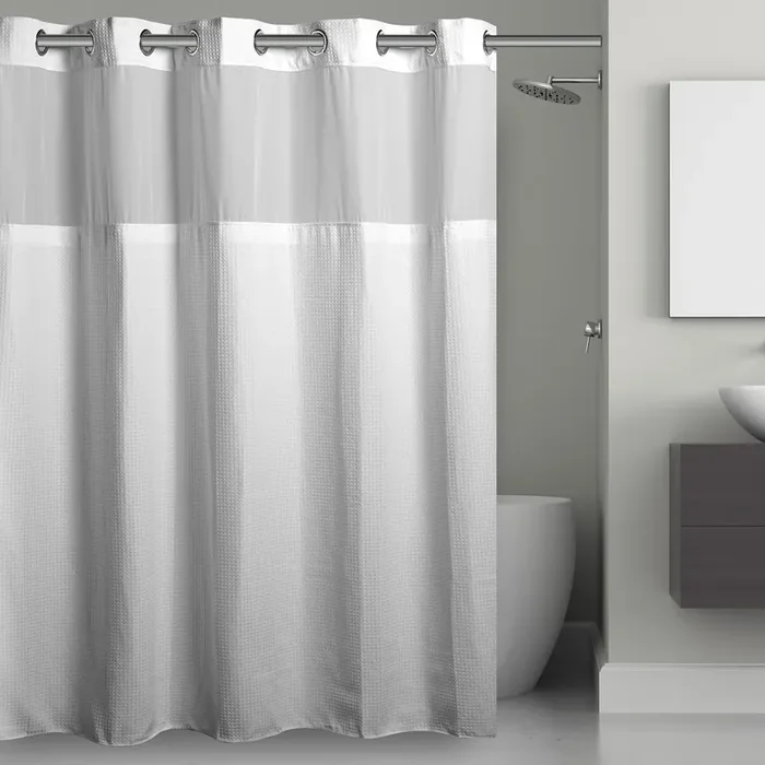 Hookless It’S A Snap! Waffle Shower Curtain, 3-In-1 Shower Curtain Includes Fabric Shower Curtain With Sheer Top Window, Flex-On Rings & Fabric Liner, 71” X 86”, White