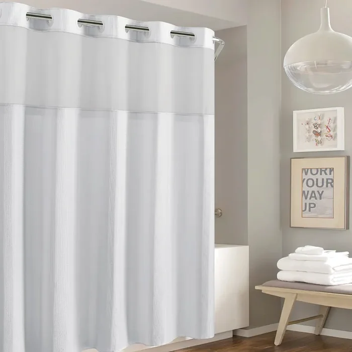 Hookless It’S A Snap! Waffle Stripe Shower Curtain, 2-In-1 Shower Curtain Includes Fabric Shower Curtain With Sheer Top Window And Flex-On Rings, Liner Compatible, 71” X 74”, Bright White