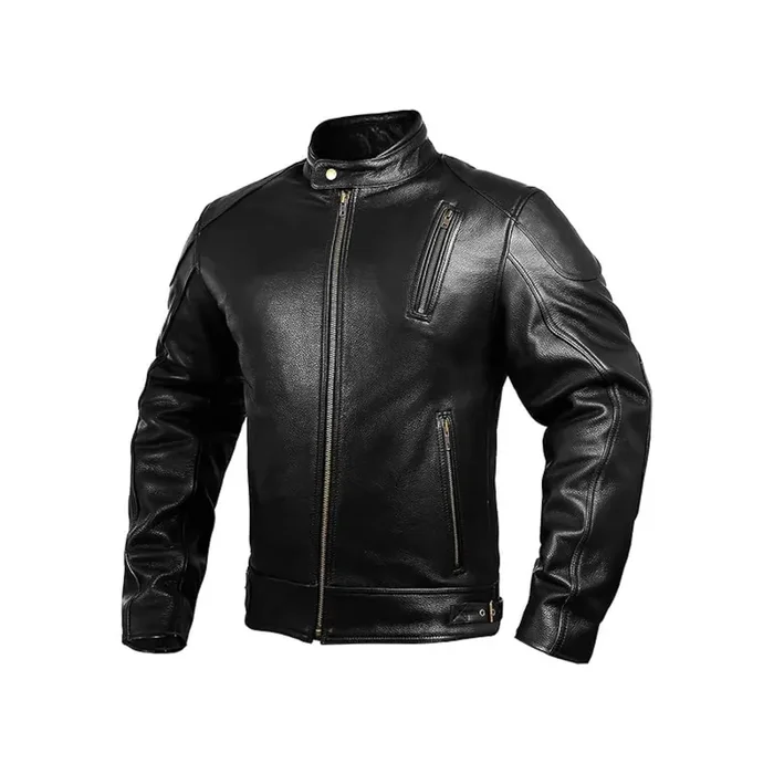 Hwk Leather Motorcycle Jacket With Armor For Men, Cafe Racer Genuine Leather Jacket For Weather Resistant Enduro Motocross, Motorbike Riding, Easy Adjust Men‘S Motorcycle Jacket, Medium