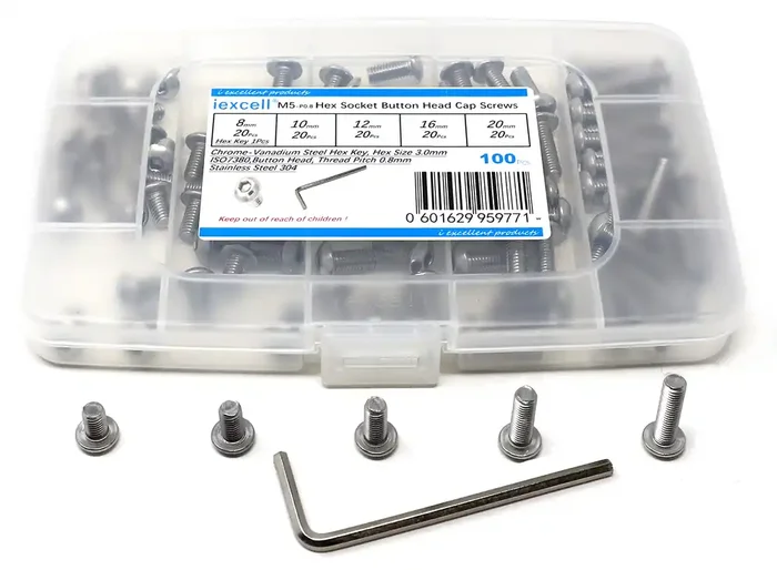 Iexcell 100 Pcs M5 X 8/10/12/16/20 Stainless Steel 304 Hex Socket Button Head Cap Screws Bolts Assortment Kit