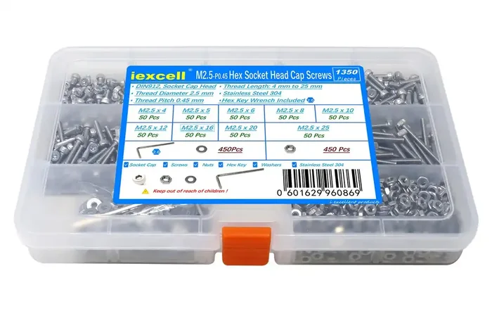 Iexcell 1350 Pcs M2.5 X 4/5/6/8/10/12/16/20/25 Stainless Steel 304 Hex Socket Head Cap Screws Bolts Nuts Washers Assortment Kit
