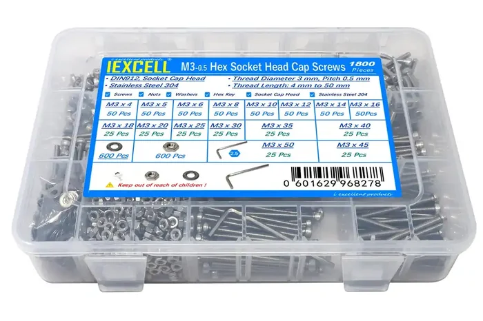 Iexcell 1800 Pcs M3 X 4/5/6/8/10/12/14/16/18/20/25/30/35/40/45/50 Stainless Steel 304 Hex Socket Head Cap Screws Blots Nuts Washers Assortment Kit