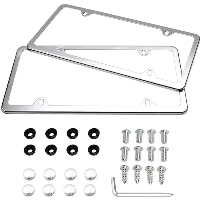 Indeed BUY Slim Stainless Steel License Plate Frames – 2 Pcs, 4 Holes, Polish Mirror Finish, Silver with Chrome Screw Caps