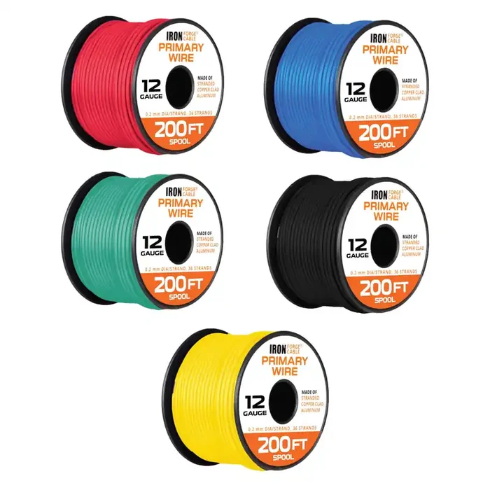 Iron Forge Cable 12 Gauge Automotive Wire – 5 Roll Assortment Pack – 200 Ft Of Copper Clad Primary Wire Per Roll, 12 Gauge Wire 200 Ft Stranded Copper Clad Aluminium Auto Wire
